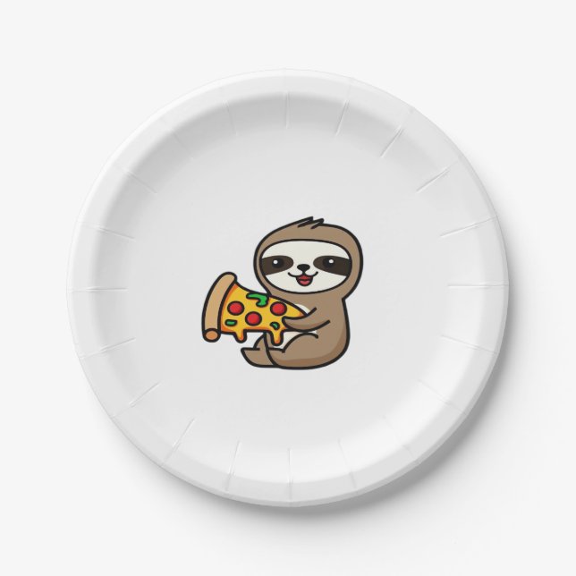 Funny Kawaii Chibi Sloth mit Pizza � Niedlichen Ca Pappteller (Vorderseite)
