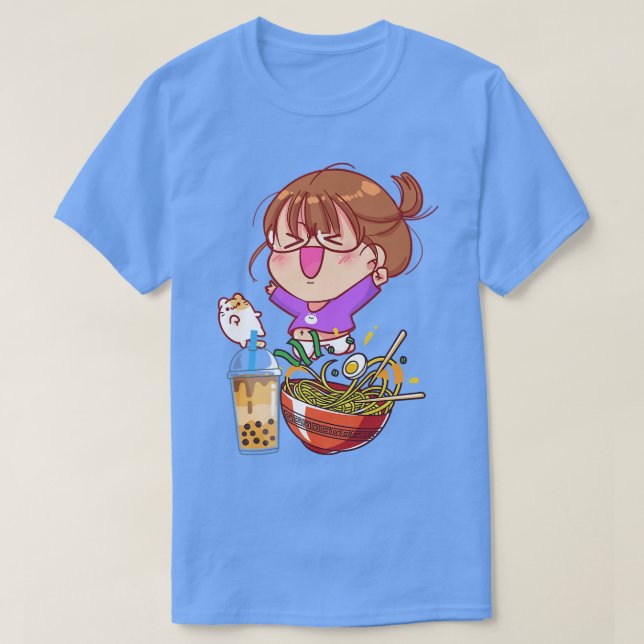Funny Kawaii Girl Cat Eating Ramen And Boba Milk T T-Shirt (Design vorne)