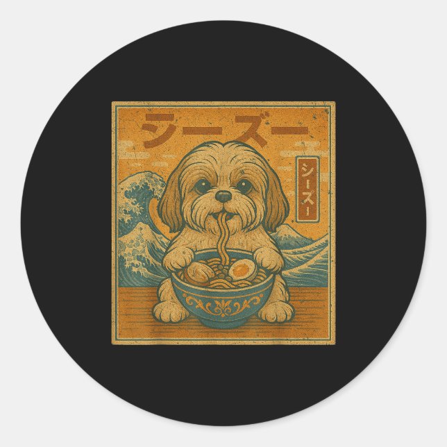 Funny Kawaii Ramen Japanese Noodles Shih Tzu Eatin Runder Aufkleber (Vorderseite)
