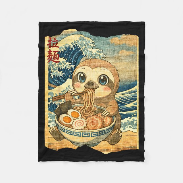 Funny Kawaii Sloth Ramen Noodle Bowl Japanese Wave Fleecedecke (Vorderseite)