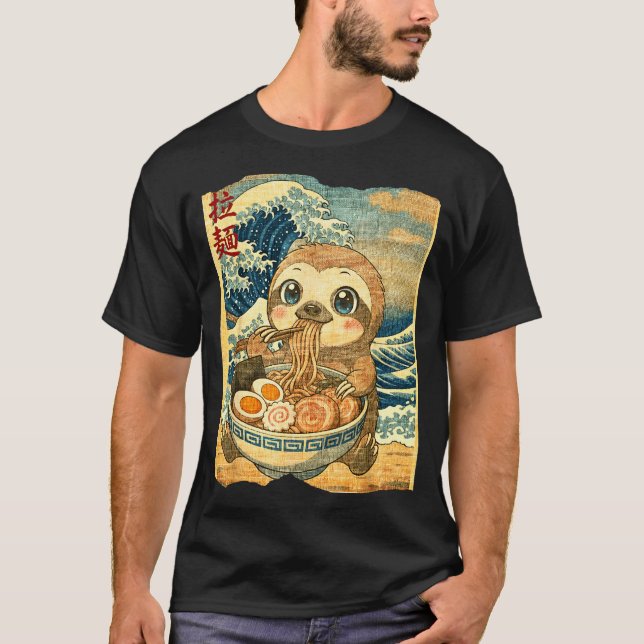 Funny Kawaii Sloth Ramen Noodle Bowl Japanese Wave T-Shirt (Vorderseite)