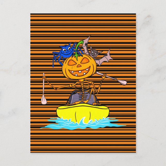 Funny Kayaker Skeleton Kayaking Pumpkin Halloween Postkarte (Vorderseite)