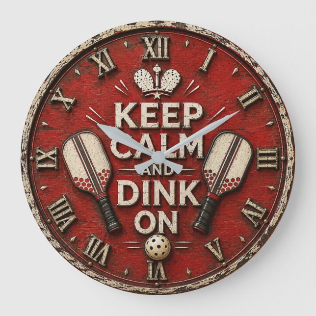 Funny Keep Calm and Dink On | Rustic Pickleball  Große Wanduhr (Vorderseite)