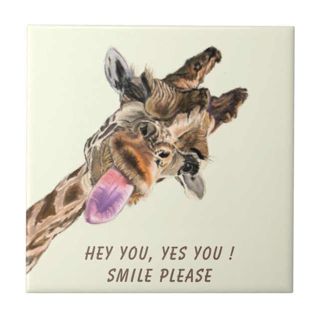Funny Keramik Tile Happy Playful Giraffe - Lächeln Fliese (Vorderseite)