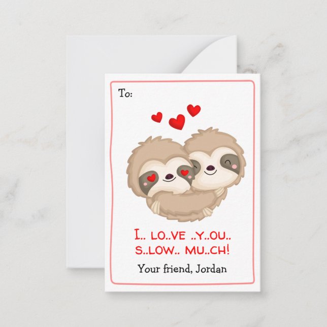 Funny Kids School Valentines (Sloth Hearts) Mitteilungskarte (Vorderseite)