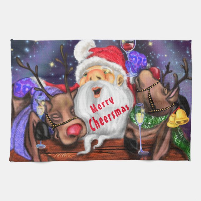 Funny Kitchen Handtuch Santa mit Rentieren (Horizontal)