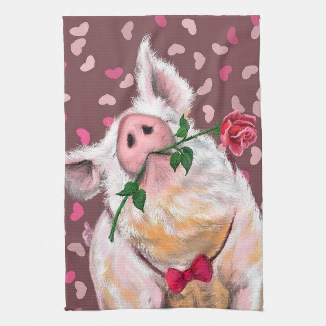 Funny Kitetücher Gentleman Pig mit Rose Geschirrtuch (Vertikal)