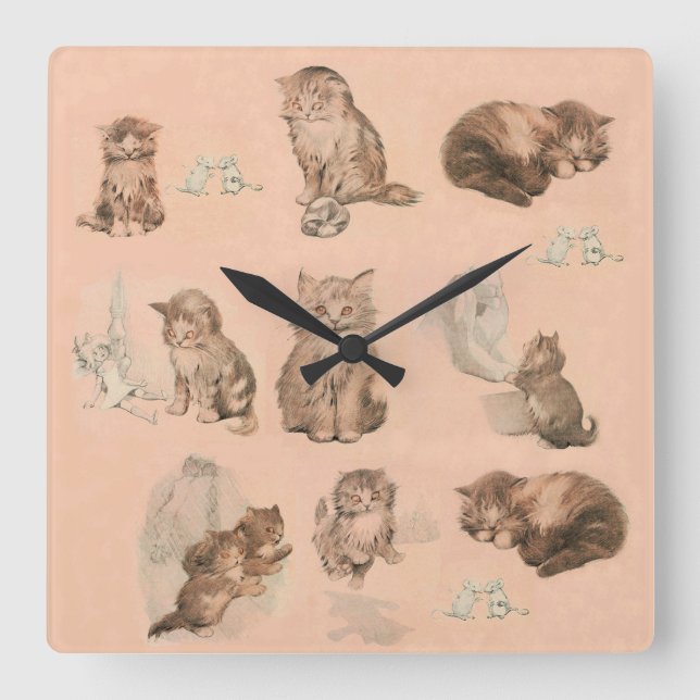 FUNNY KITTY CAT STORIES IN PINK QUADRATISCHE WANDUHR (Vorderseite)