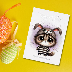 Funny Kitty in Bunny Costume Lila Happy Oaster Folien Feiertagskarte