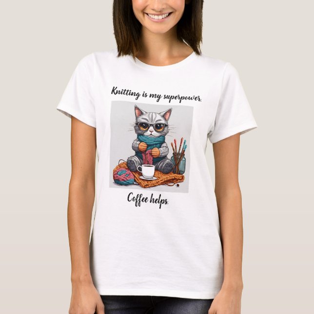 Funny Knitter Hemd Superpower Cat T-Shirt (Vorderseite)