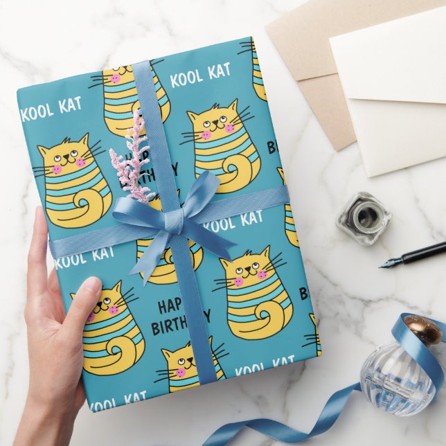 Funny Kool Kat Cartoon Blue Birthday Geschenkpapier (Schenken)