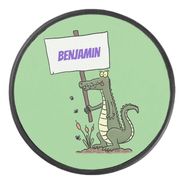Funny Krocodil-Alarm mit Schild Cartoon Eishockey Puck (Vorderseite)