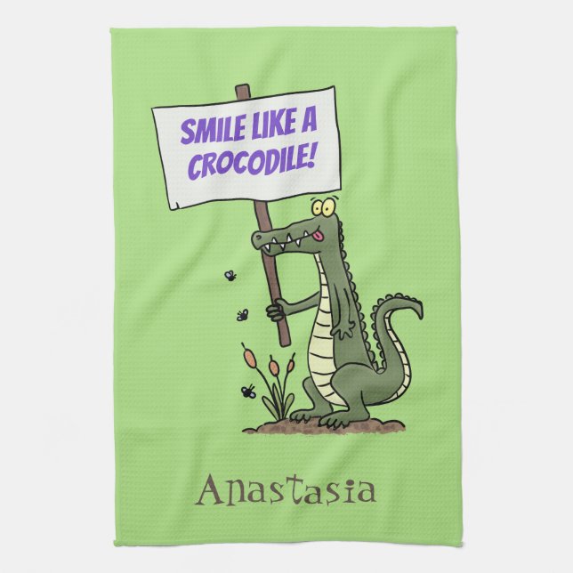 Funny Krocodil-Alarm mit Schild Cartoon Geschirrtuch (Vertikal)