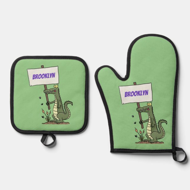 Funny Krocodil-Alarm mit Schild Cartoon Ofenhandschuh & Topflappen-Set (Vorderseite)