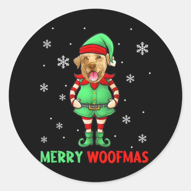Funny Labrador Retriever Elf Merry Woof Mas Runder Aufkleber (Vorderseite)