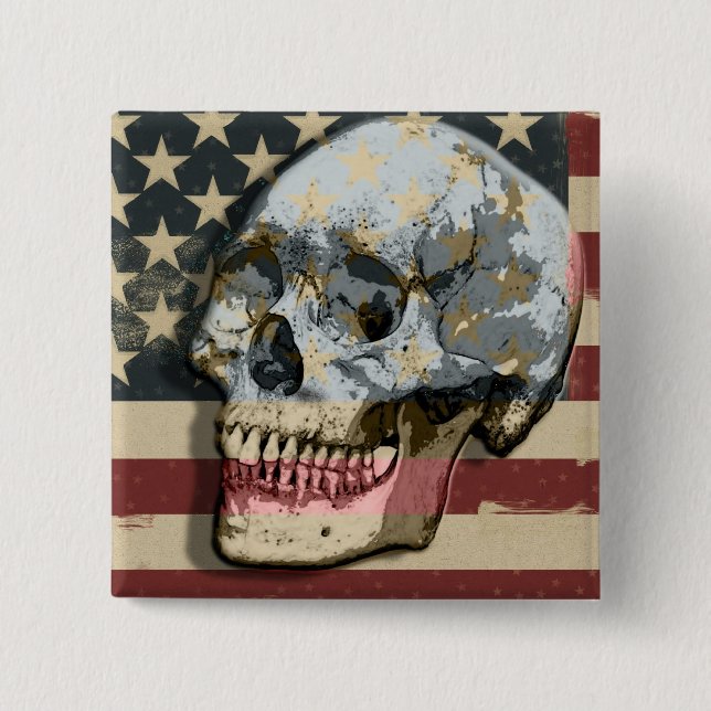 Funny lächelnd Skull American Flag Thema Button (Vorderseite)