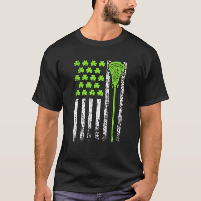 Funny Lacrosse American Flag St Patrick Day T-Shirt (Vorderseite)