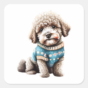 Funny Lagotto Romagnolo in Weihnachts-Sweater Quadratischer Aufkleber