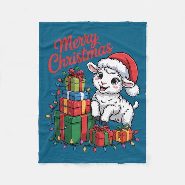 Funny Lamb Santa Hat Animals Lovers Ugly Christmas Fleecedecke (Vorderseite)