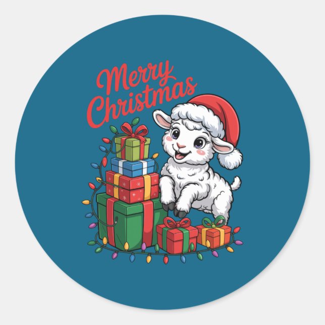 Funny Lamb Santa Hat Animals Lovers Ugly Christmas Runder Aufkleber (Vorderseite)
