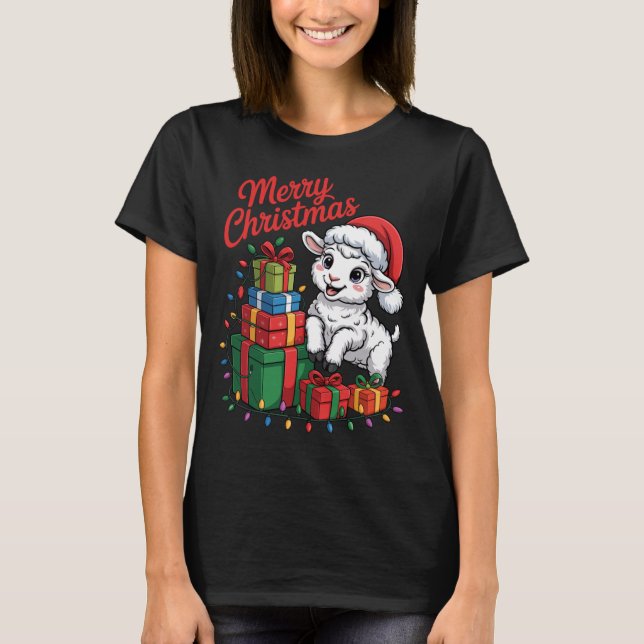 Funny Lamb Santa Hat Animals Lovers Ugly Christmas T-Shirt (Vorderseite)