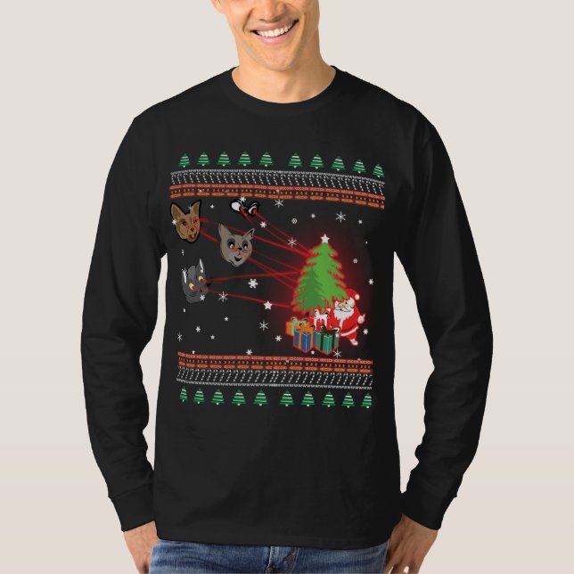 Funny Laser Eyes Cat Ugly Christmas Lights Sweater T-Shirt (Vorderseite)