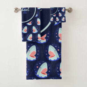 Funny Laughing Shark Stars Nautical Blue Boys Name Badhandtuch Set