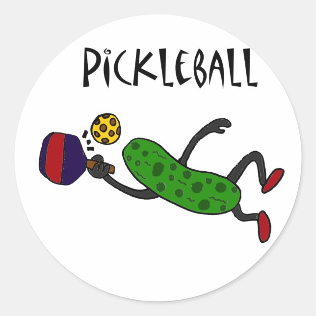 Funny Leaping Pickle Playing Pickleball Runder Aufkleber (Vorderseite)