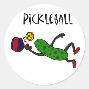 Funny Leaping Pickle Playing Pickleball Runder Aufkleber