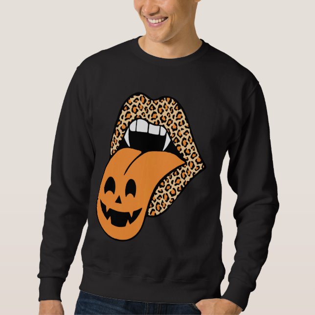 Funny Leopard Lips Pumpkin Graphic Hallween T Shir Sweatshirt (Vorderseite)