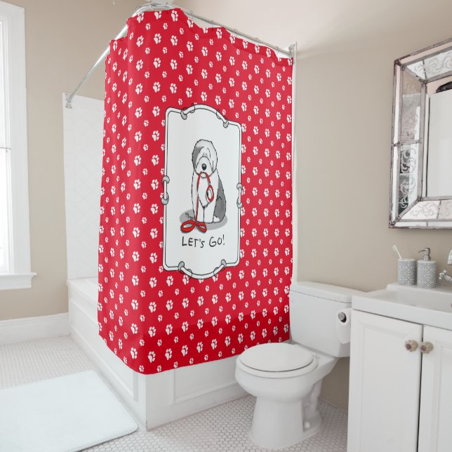 Funny Let's Go! Walk Old English Sheepdog (Grau 1) Duschvorhang (Beispiel)