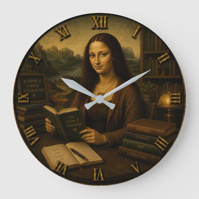 Funny Librarian Mona Lisa Library Lover Gift Große Wanduhr (Vorderseite)