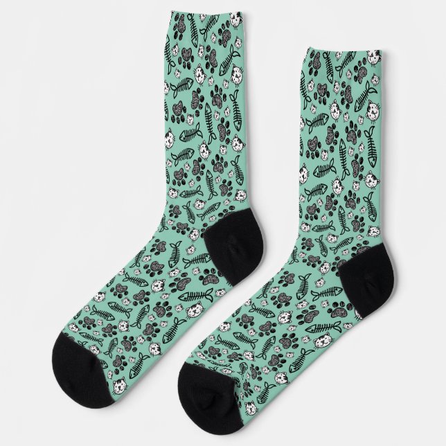 Funny Light Blue Black and White Cats Zeichnend Socken (Linkes Detail)