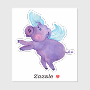 Funny Lila Flying Pig Wasserfarben Malerei Aufkleber