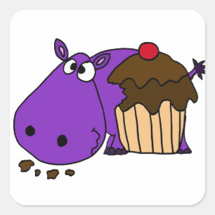 Funny Lila Hippo Eating Cupcake Quadratischer Aufkleber