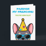 Funny Lilac Tan French Bulldog Frenchie Birthday C Karte<br><div class="desc">Wenn Sie jemanden kennen, der französische Bullhunde Lieben hat und einen guten Spaß hat, ist diese lustige Geburtstagskarte ideal, um sie an ihrem besonderen Tag zu schicken. Das Design zeigt eine Cartoon-Art-Abbildung eines lila und blassfarbenen französischen Bulldoggen mit einem Party Hut und Sonnenbrille mit der Aufschrift "Verzeihen Sie meinen Franzosen!...</div>