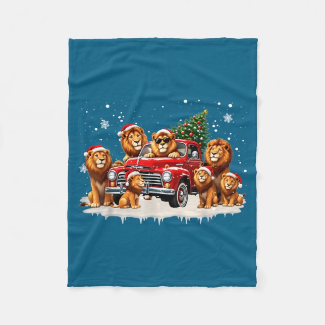 Funny Lion Riding Christmas Tree Truck Christmas  Fleecedecke (Vorderseite)