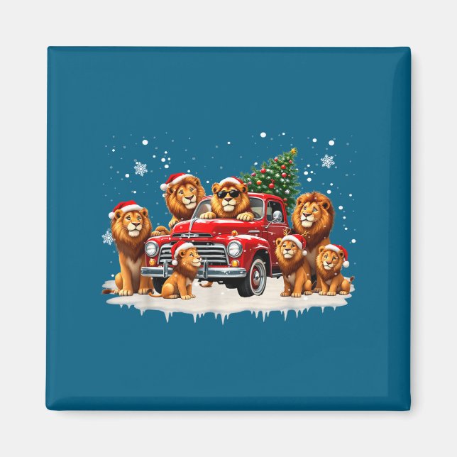 Funny Lion Riding Christmas Tree Truck Christmas  Magnet (Vorne)