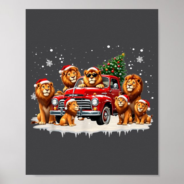 Funny Lion Riding Christmas Tree Truck Christmas  Poster (Vorne)