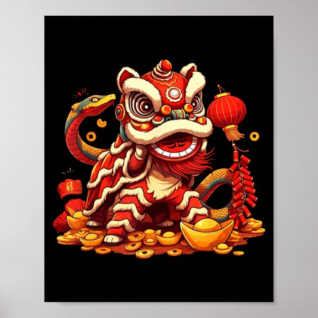 Funny Lion Snake Chinese New Year 2025 Womens Mens Poster (Vorne)