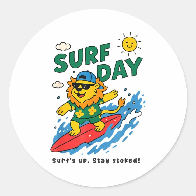 Funny Lion Surfing Summer Vacation Surf Day Boys G Runder Aufkleber (Vorderseite)