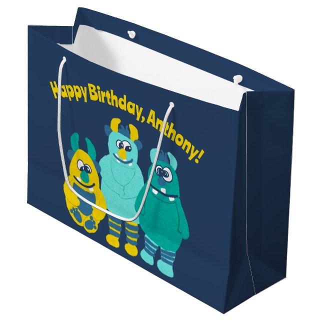 Funny Little Cartoon Monsters Boys Birthday Große Geschenktüte (Vorderseite Schrägansicht)