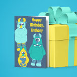 Funny Little Cartoon Monsters Boys Geburtstag Karte<br><div class="desc">Diese personalisierte Grußkarte eignet sich perfekt zum Geburtstag von Jungen. Es zeigt niedliche Cartoon-Illustrationen von goofy Monstern mit einer eigenen individuellen Botschaft auf der Vorderseite und im Inneren.</div>