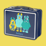 Funny Little Cartoon Monsters Boys Metall Brotdose<br><div class="desc">This lunchbox bottle is perfect for little boys. It features goofy cartoon monsters and is ready to be personalized with a name in blue lettering below the graphic. The graphic and name appear on both sides of the lunch box.</div>