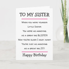 Funny Little Sister Cheeky Verse Birthday Card Karte