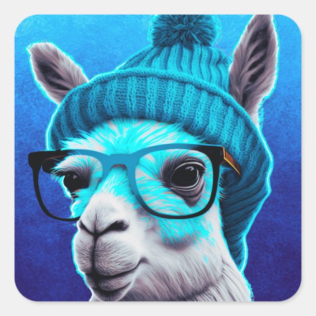 Funny Llama Alpaca Niedlicher Tiere Beanie Hat Gla Quadratischer Aufkleber (Vorderseite)