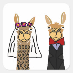 Funny Llama Bride und Groom Wedding Art Quadratischer Aufkleber