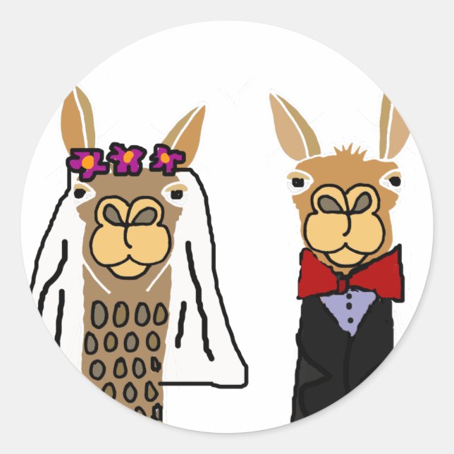 Funny Llama Bride und Groom Wedding Art Runder Aufkleber (Vorderseite)