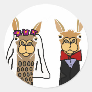 Funny Llama Bride und Groom Wedding Art Runder Aufkleber