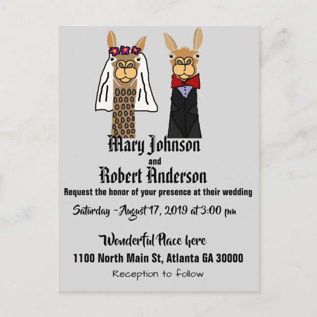 Funny Llama Bride und Groom Wedding Einladung (Vorderseite)
